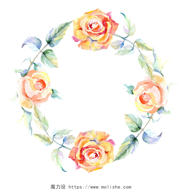 白色底的四朵小花框架与橙色玫瑰花。水彩背景插图集。水彩画时尚水族馆隔离。观赏性边框 